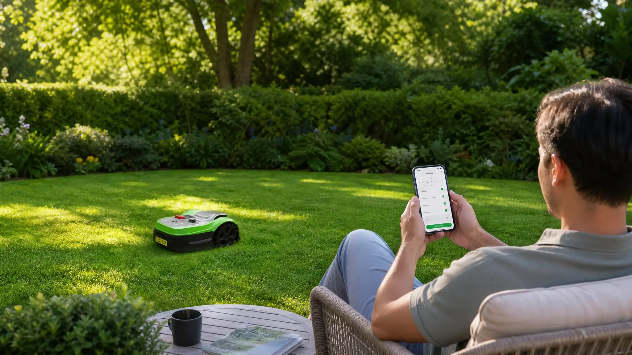 User controlling Y&G smart robotic lawn mower via mobile app in residential garden