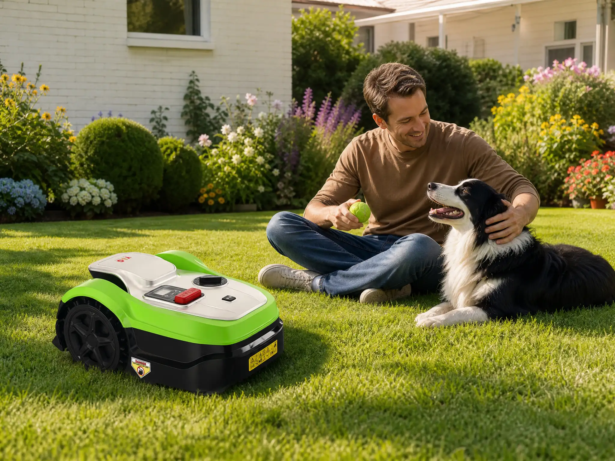 Y&G Robotic Lawn Mower smart robotic lawn mower operating safely on backyard lawn with owner playing with pet dog