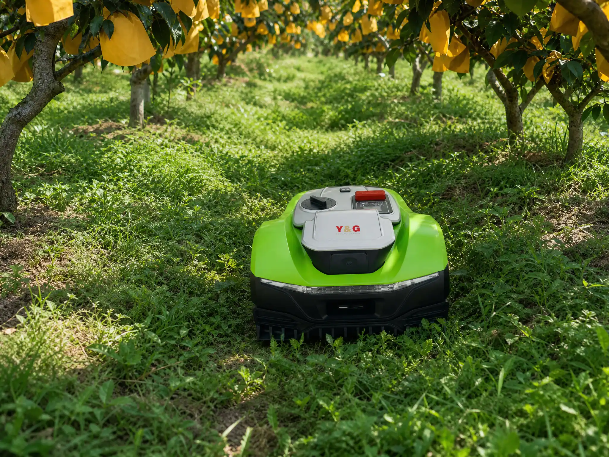 Commercial-grade agricultural robotic lawn mower for farm and orchard grass maintenance