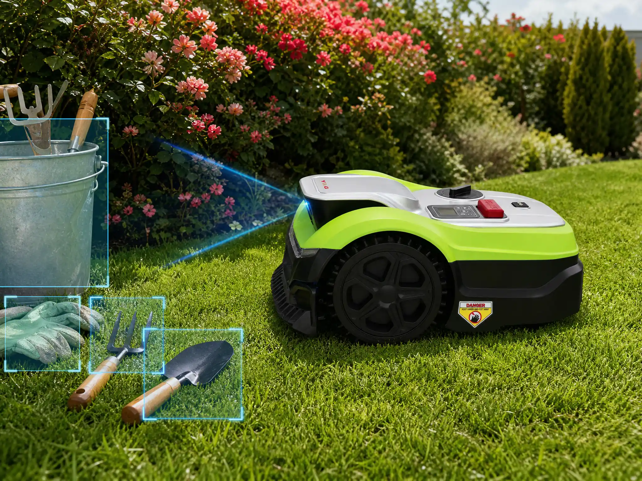 Y&G robotic lawn mower with AI vision detecting garden tools and bucket for smart obstacle avoidance	