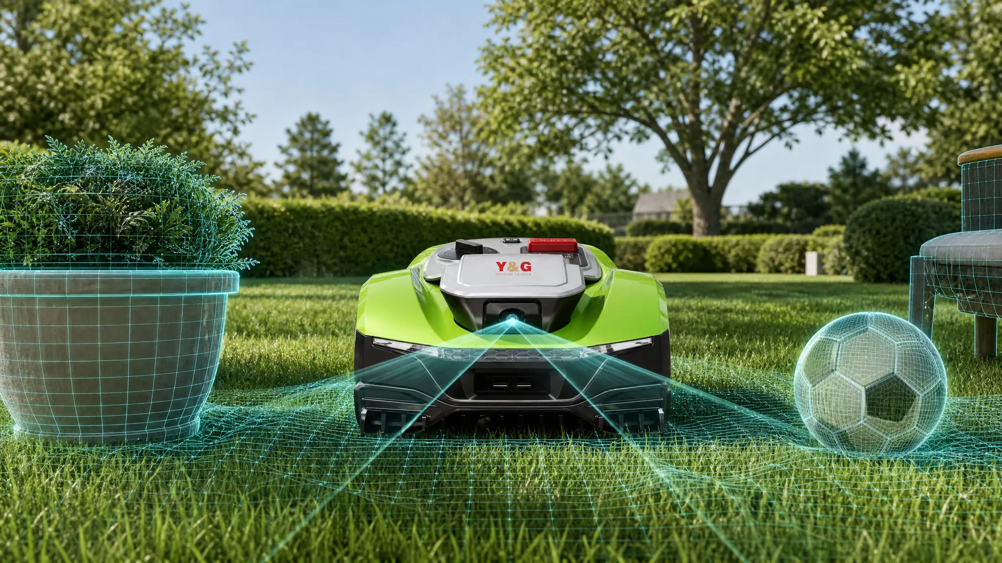 Y&G robotic lawn mower with 3D LiDAR mesh mapping scanning potted plant and soccer ball