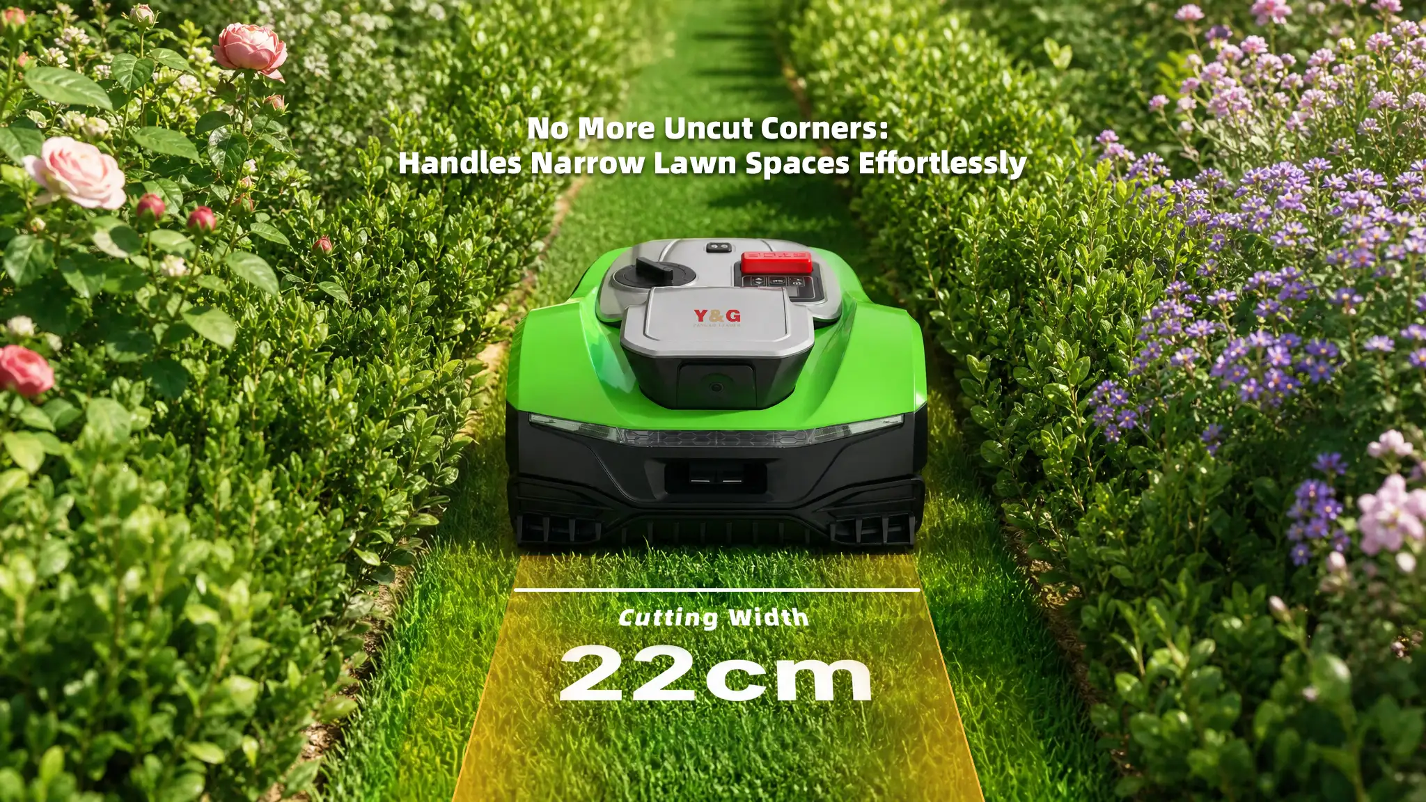 Y&G robotic lawn mower with 22cm cutting width navigating narrow lawn passage effortlessly