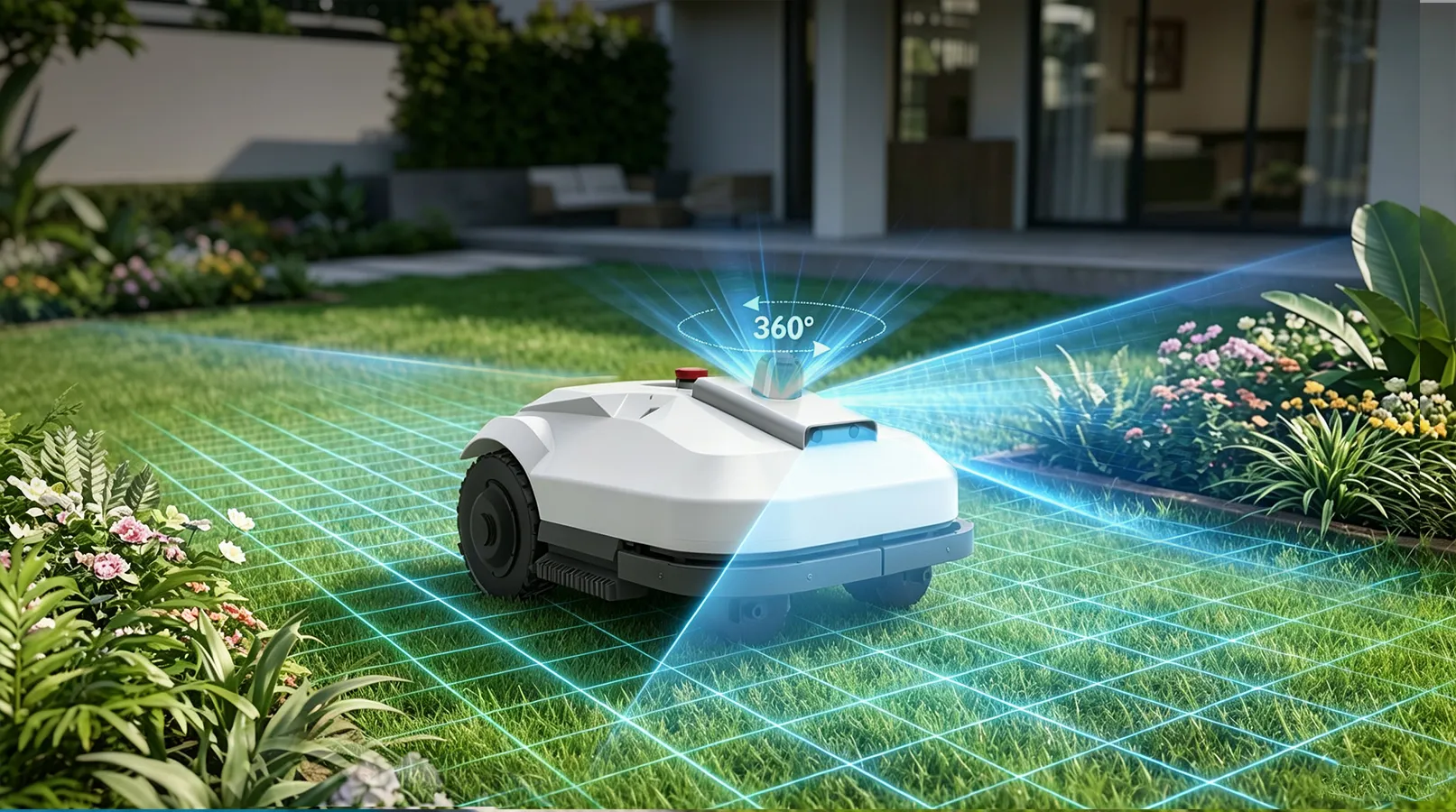 Smart autonomous lawn mower with virtual boundary detection mowing precise lawn edges along flower beds