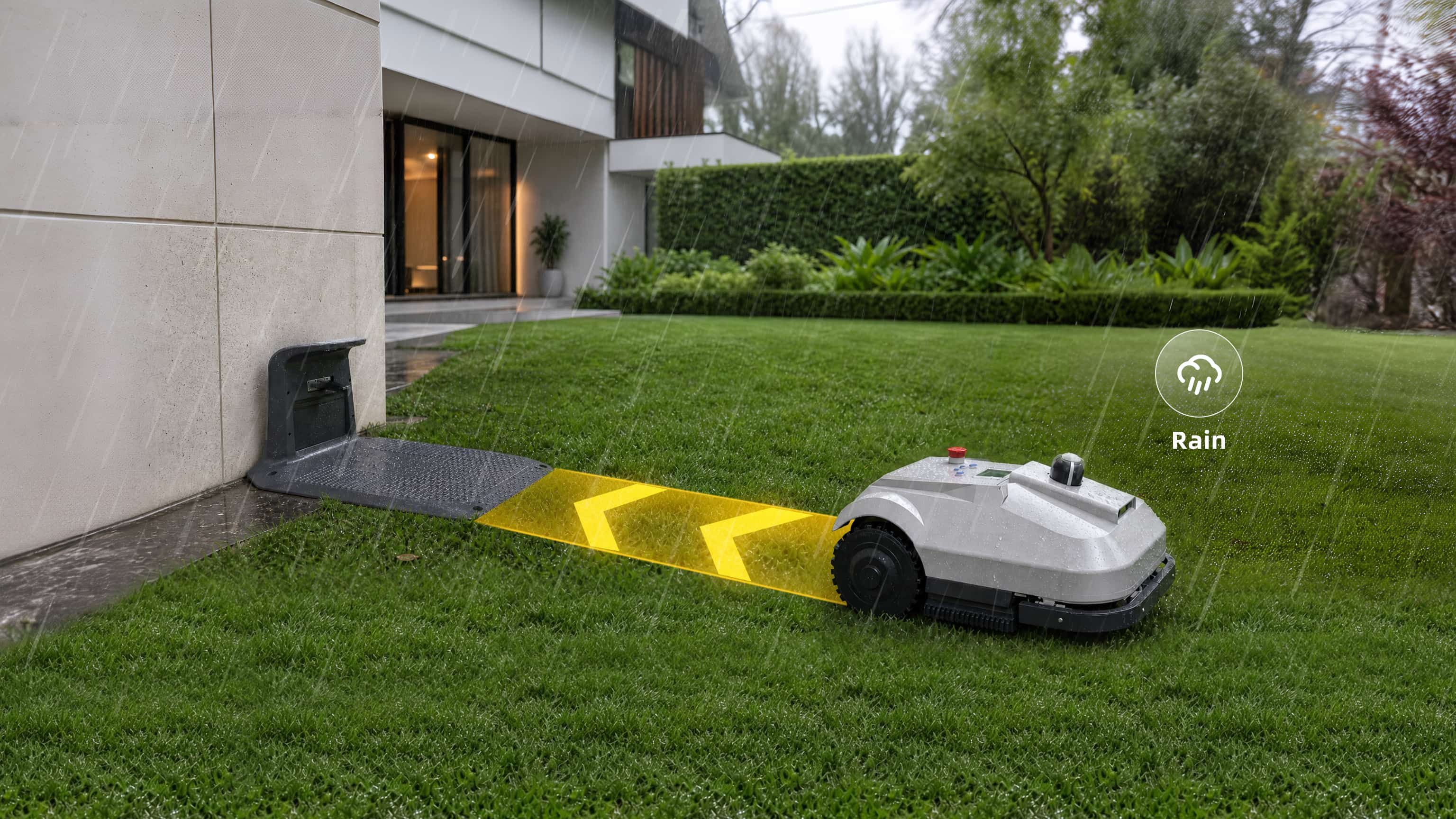 Y&G Robotic Lawn Mower robotic lawn mower operating on residential lawn near paved garden path
