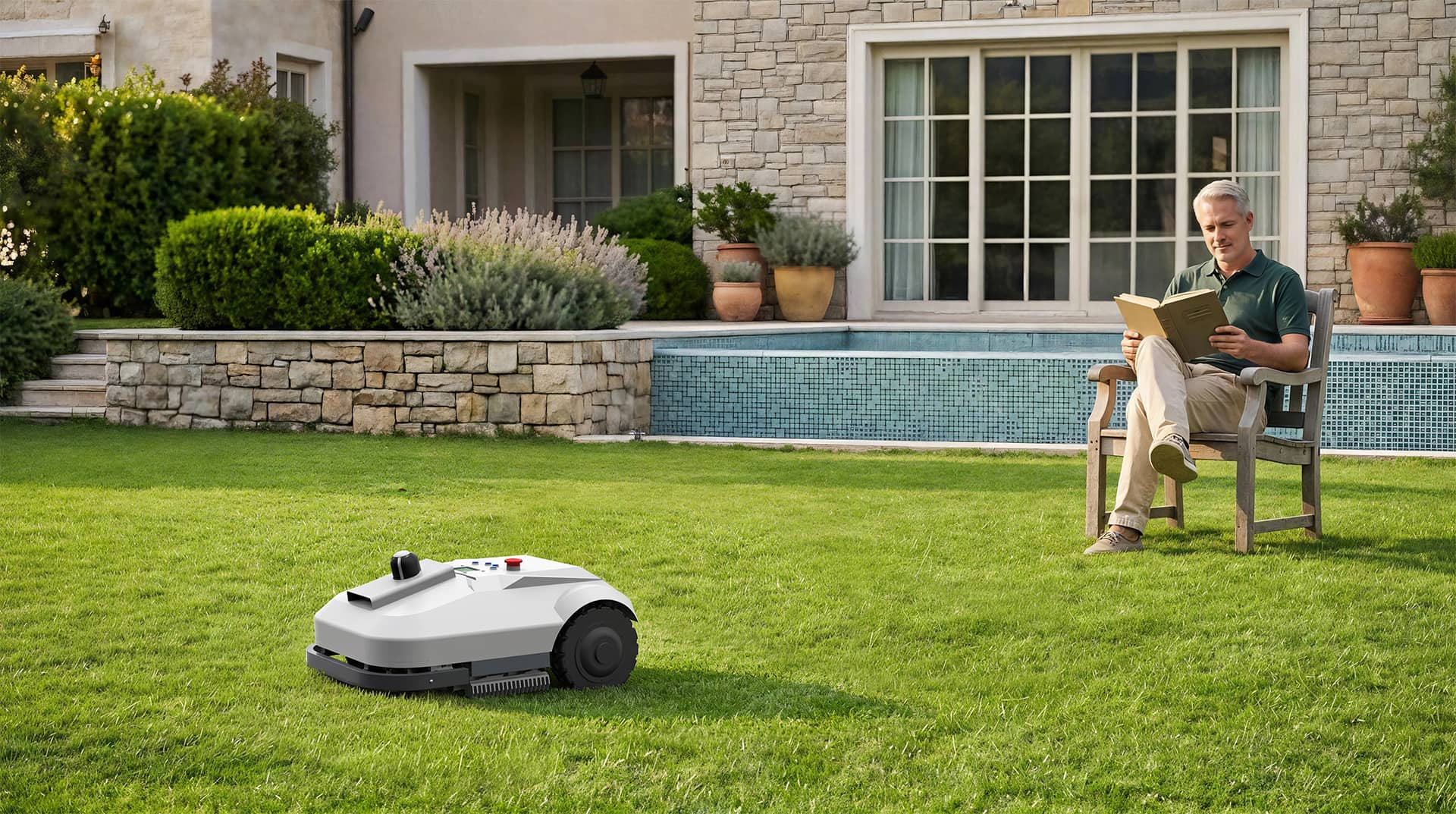 Y&G Robotic Lawn Mower smart robotic lawn mower with App control operating in a family backyard lawn