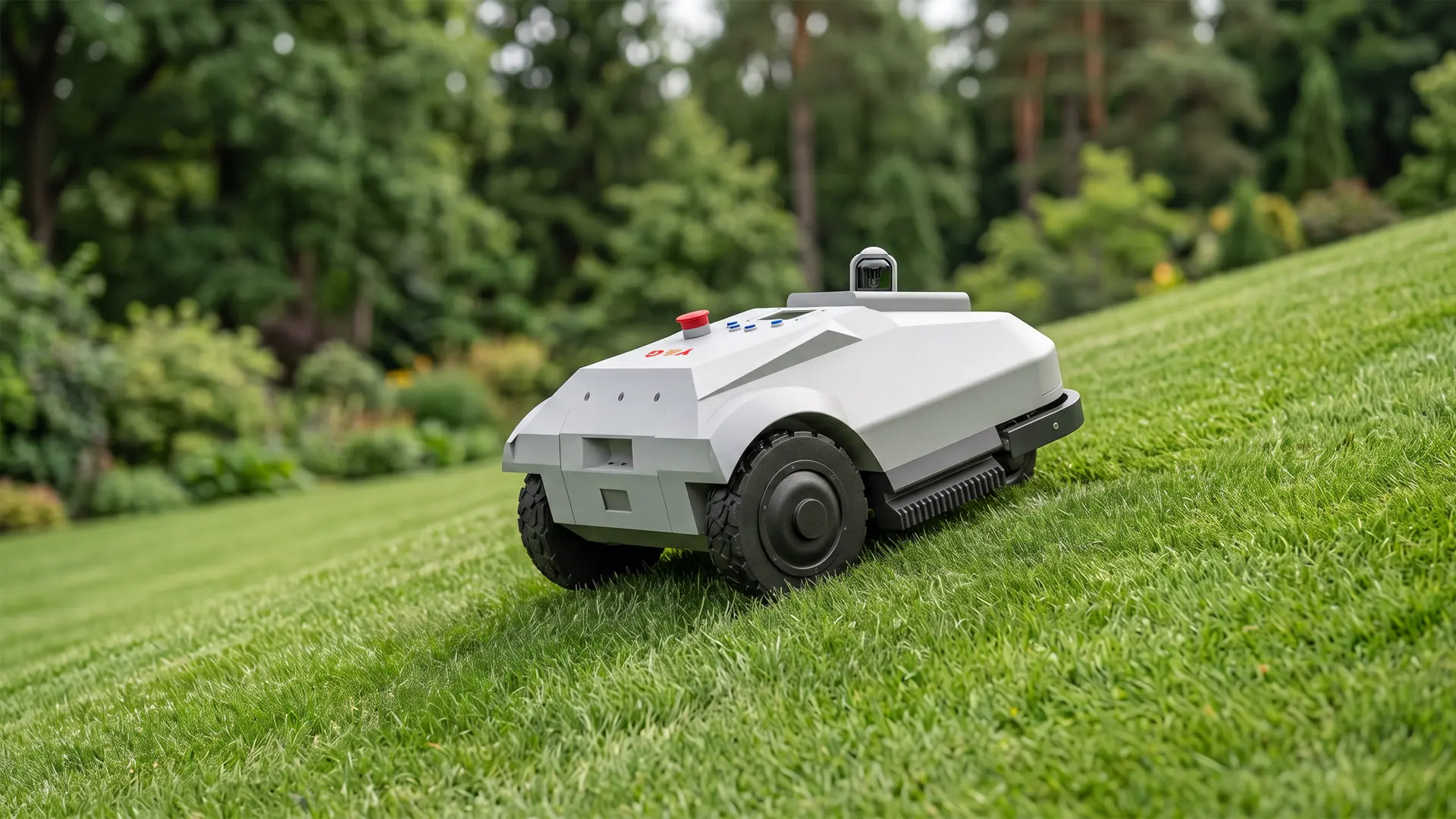 Y&G Robotic Lawn Mower robotic lawn mower climbing a 25 degree slope on residential lawn